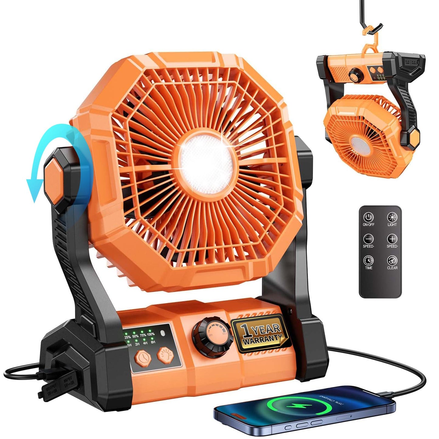 Tuarso 20000mAh Rechargeable Portable Fan for Home with LED Emergency Light, Battery Table Fan Rechargeable Big Size with Remote Control 8 High Speeds Wind, Kitchen Fans for Cooking Orange