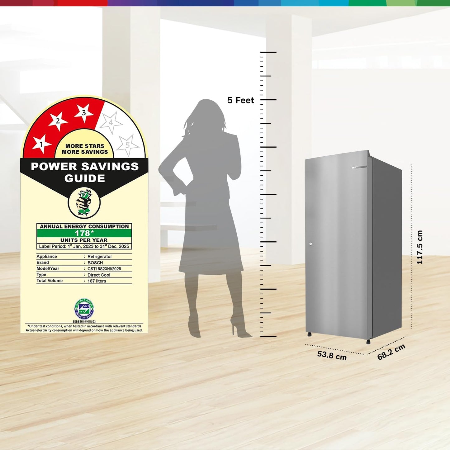 Bosch 187 L, 3 Star, Single Door Refrigerator with Industry's largest vegetable box* & largest Beverage space (CST18S23NI, Fine Steel) | 18 Hour Cooling Retention during powercut, 2.5x Faster Cooling