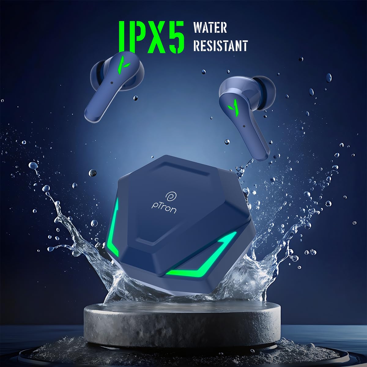 pTron Bassbuds Rogue W/ 40Ms Low-Latency Gaming,Clear Calls,50Hrs Playtime,Pristine Sound,V5.3 Bluetooth in Ear Headphones,Snug-Fit,RGB Lights,Touch Control,Voice Assist,IPX5 Water Resistant(Blue)