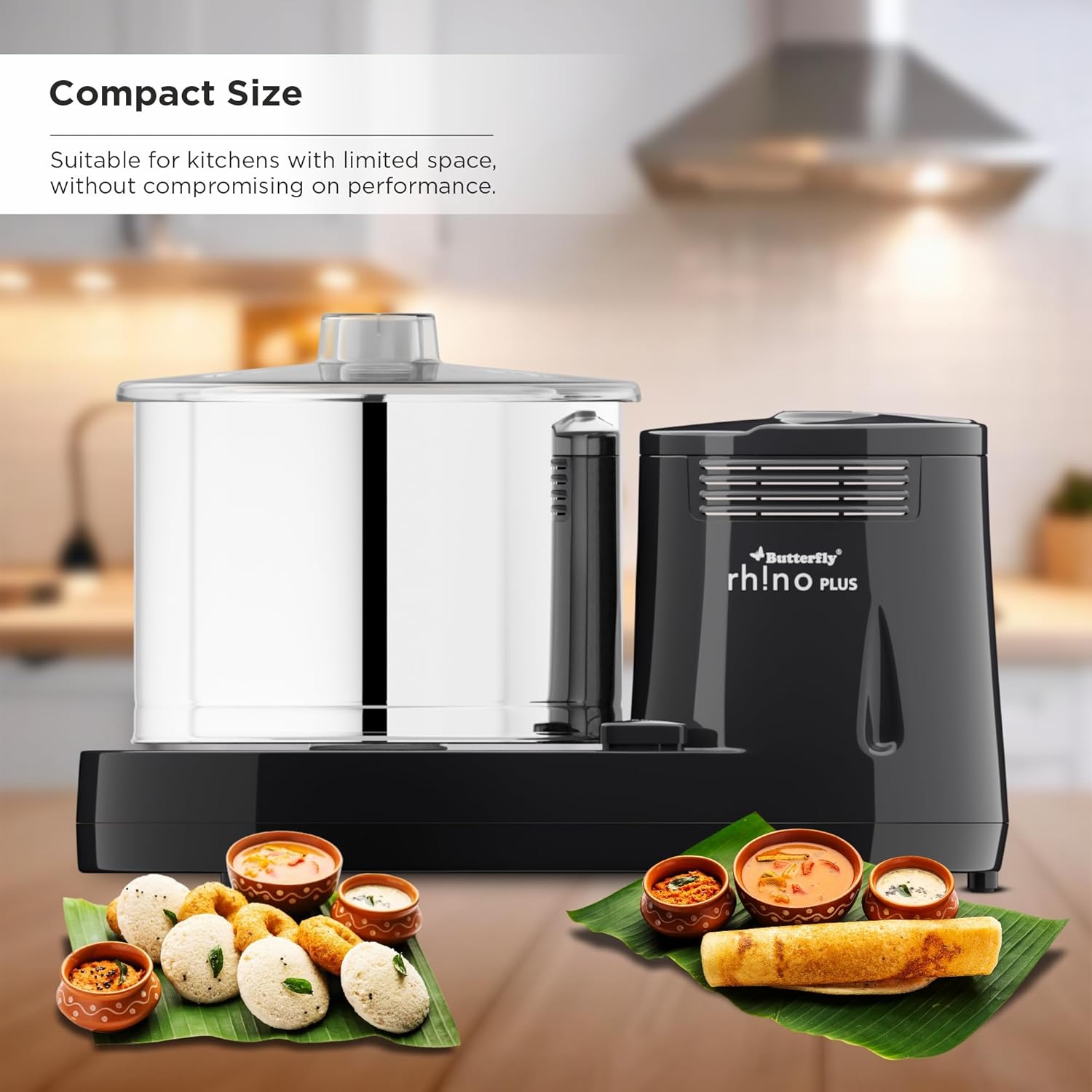 Butterfly Rhino Plus 2 Litres Table-Top Wet Grinder | 150 Watts | Shockproof ABS Body | Coconut Scrapper Attachment | Dough Kneader | Stainless Steel Drum | 2 Years Manufacturer's Warranty | Grey