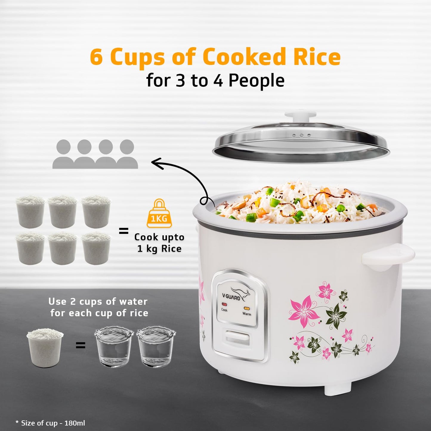 V-Guard VRC 1.8-Litre Electric Rice Cooker with 700 W Power, 2 Pots, Spatula, Rice Separator 5-Yr Heating Plate & 2-Yr Product Coverage Automatic Cooking with Double-Layered Body & Cool Touch Handles.