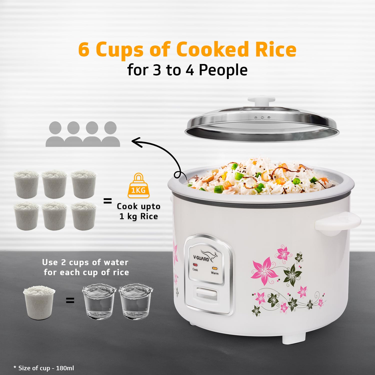 V-Guard VRC 1.8-Litre Electric Rice Cooker with 700 W Power, 2 Pots, Spatula, Rice Separator 5-Yr Heating Plate & 2-Yr Product Coverage Automatic Cooking with Double-Layered Body & Cool Touch Handles.