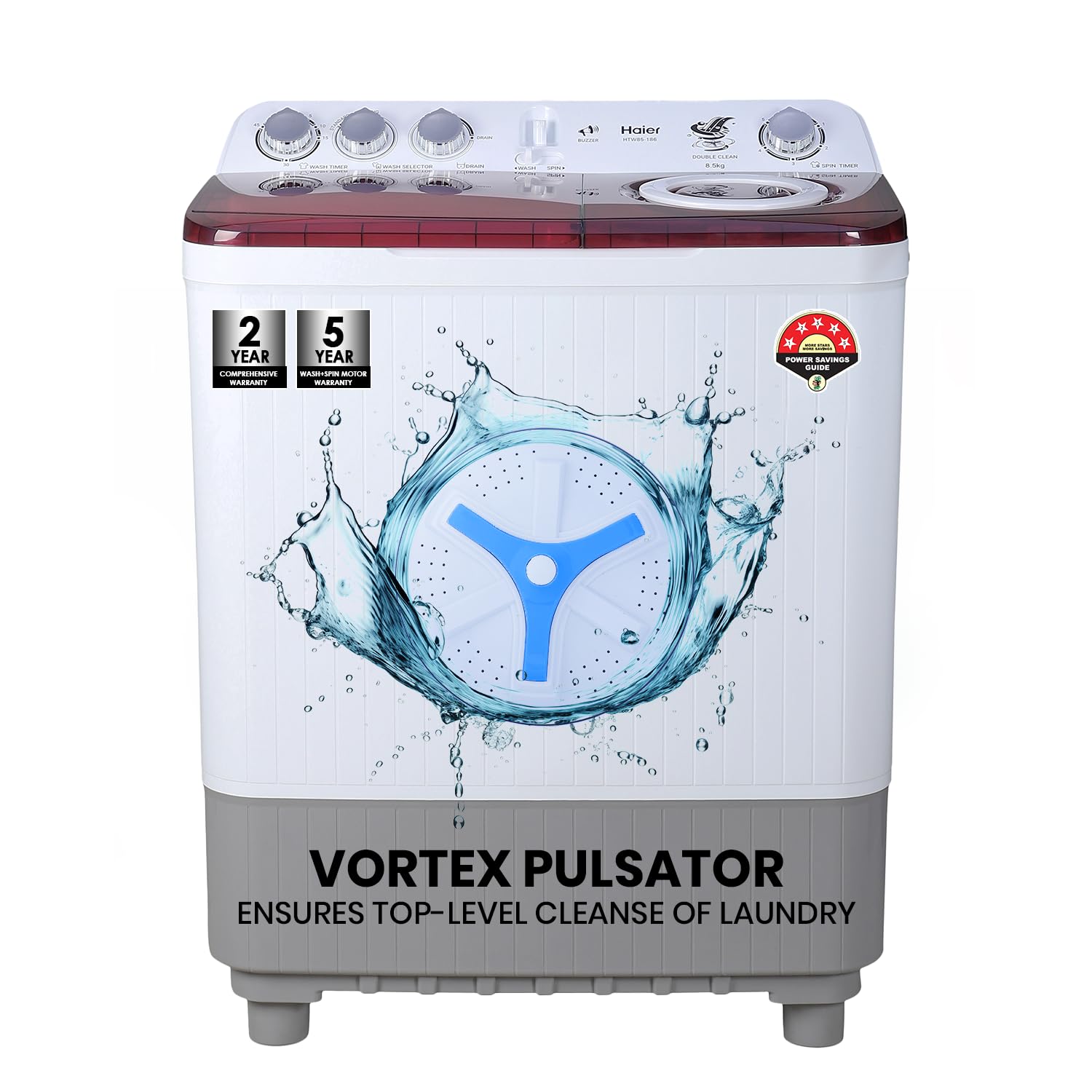 Haier 8.5 Kg 5 Star Oxyi Dry Technology Semi Automatic Top Loading Washing Machine (HTW85-186, Anti Bacterial Vortex Pulsator, Magic Filter, Rat Mesh, Maroon, White)