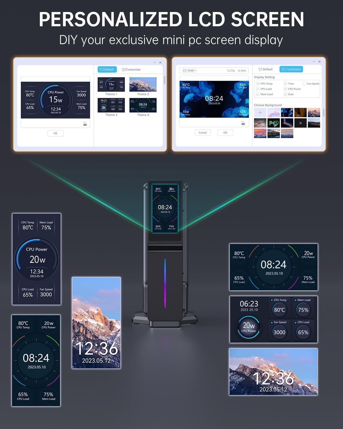 SKULLSAINTS Agni Mini PC – Vibrant LCD Screen, M.2 SSD, Mini Tower with RGB Lights, WiFi 6, 4K UHD, Dual LAN for Home and Office (13th Gen N150, 512, GB, 16, GB)