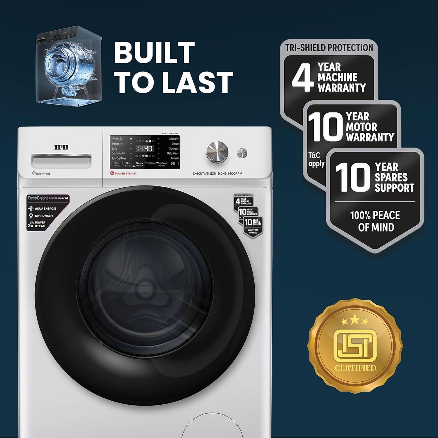 IFB 9 Kg 5 Star Powered by AI with 9 Swirl Wash, WiFi, Fully Automatic Front Load Washing Machine (Executive SXN 9014K, Steam Refresh Program with Eco Inverter, Rich Silver)