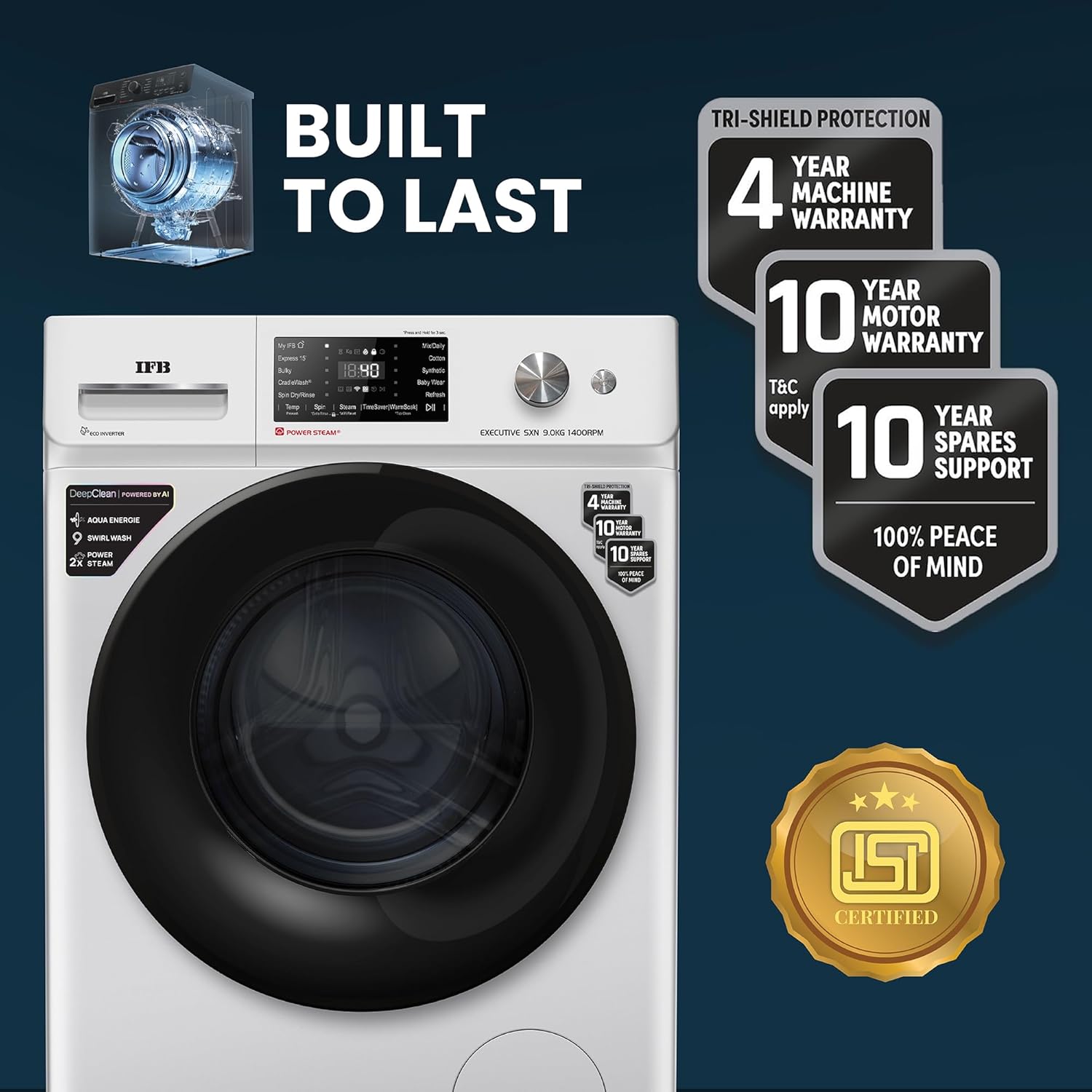 IFB 9 Kg 5 Star Powered by AI with 9 Swirl Wash, WiFi, Fully Automatic Front Load Washing Machine (Executive SXN 9014K, Steam Refresh Program with Eco Inverter, Rich Silver)