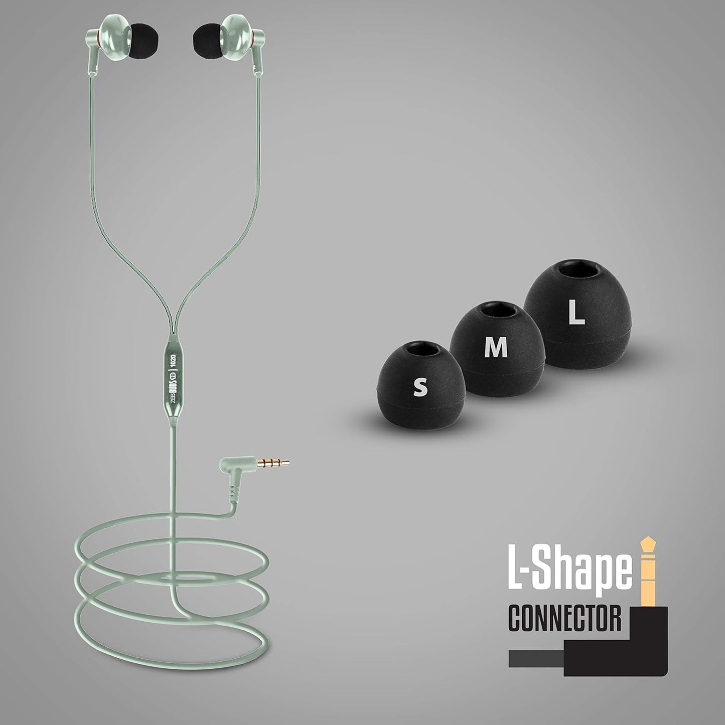 Zebronics Zeb-Buds 10 (Green) In Ear Wired Earphones with Mic, Metallic Design, L Shaped Connector, 13.5mm NdFeb Drivers