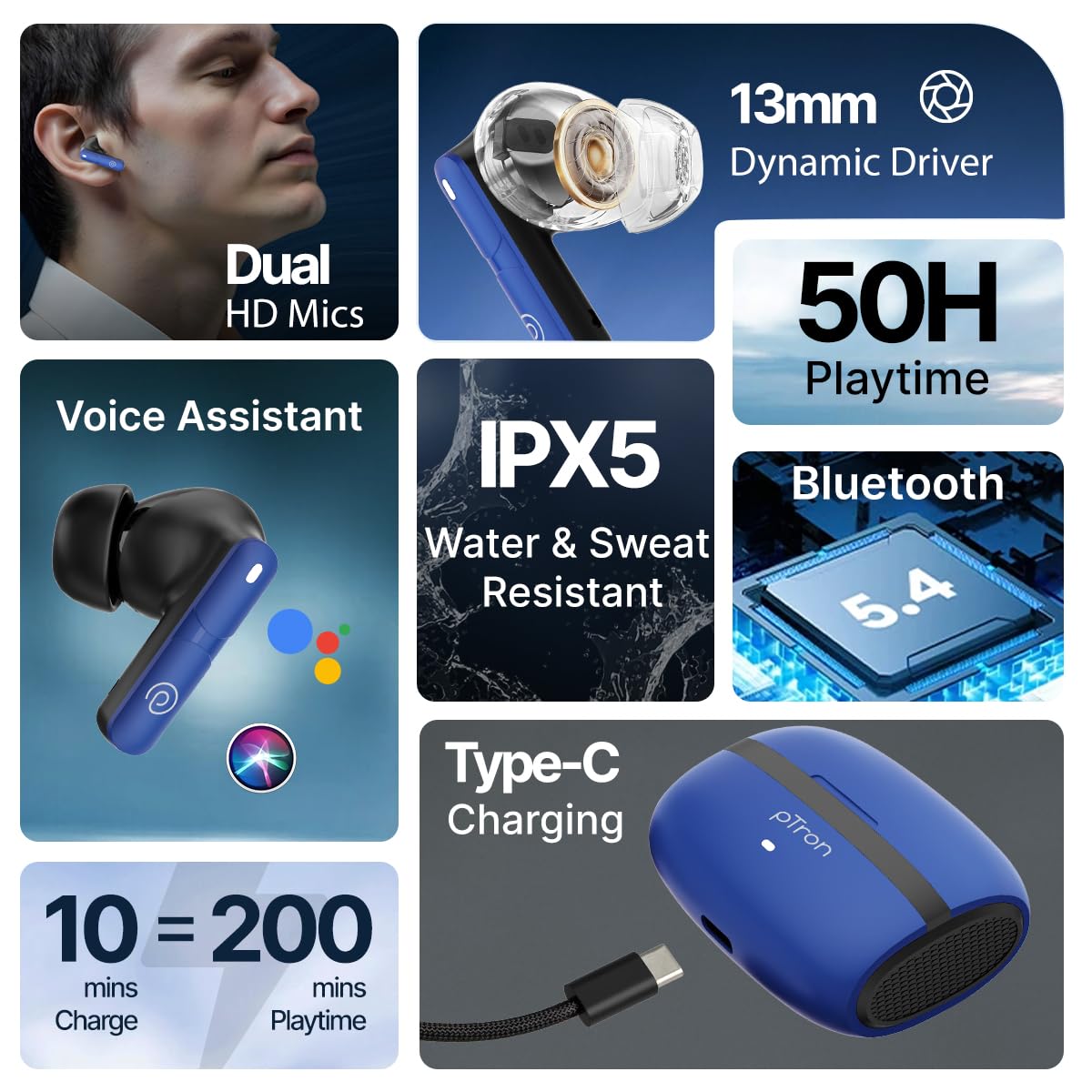 pTron Bassbuds Blaze in-Ear TWS Earbuds w/ 13mm Drivers, 50Hrs Playtime, AI-ENC Clear Calls, Bluetooth V5.4 Wireless Headphones, Touch Control, Voice Assistant, Type C Charging & IPX5 (Blue & Black)