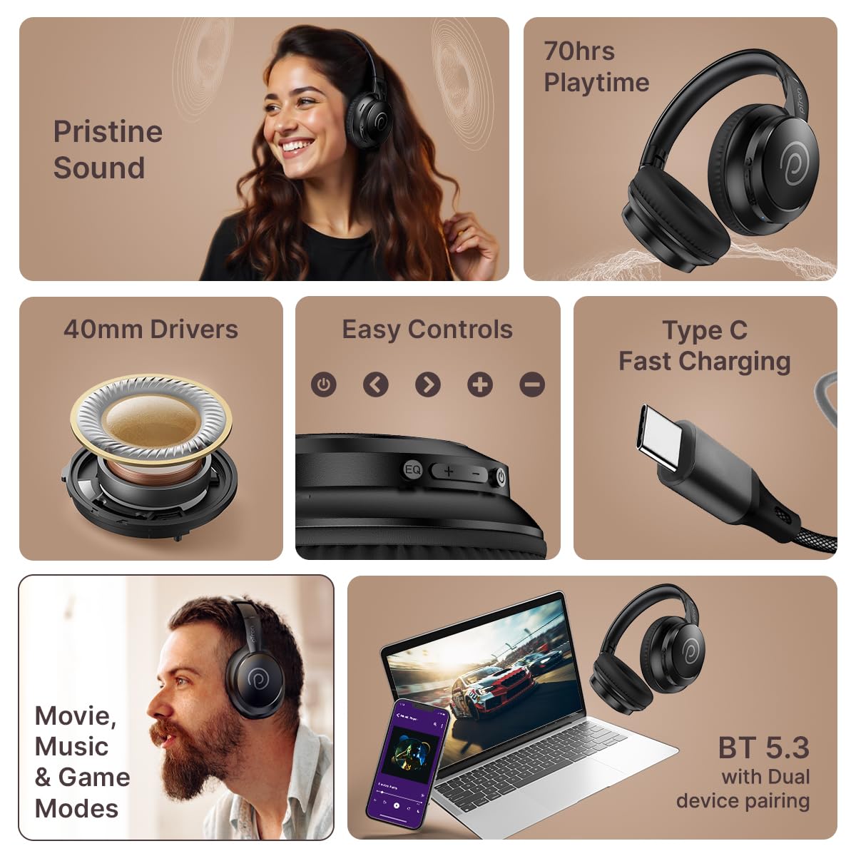 pTron Studio Evo 70hrs Playtime Wireless Over Ear Headphones with HD Mic, Low-Latency Game/Movie/Music Modes, Punchy Bass, BT5.3, Dual Device Pairing, Voice Assistant & Type-C Fast Charging (Black)