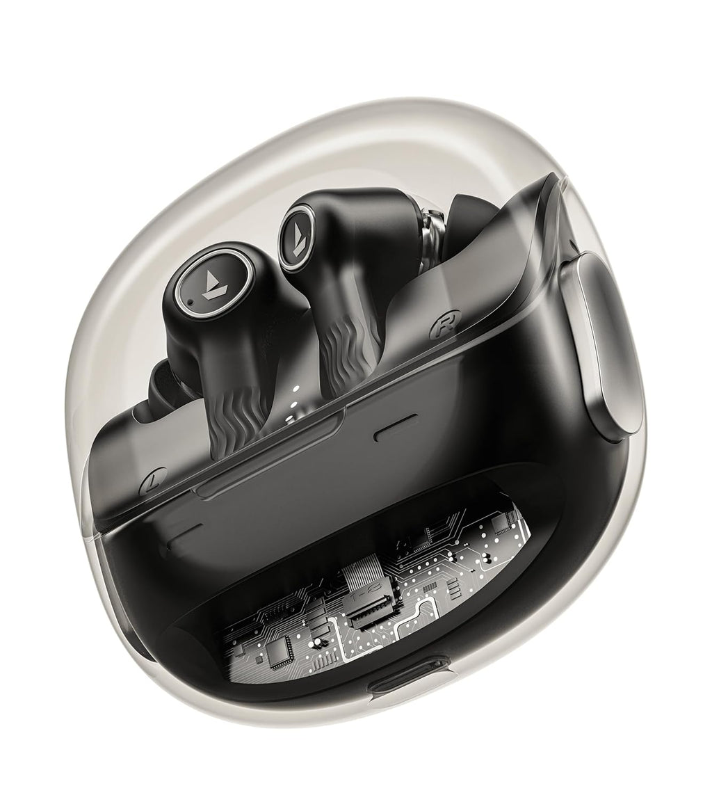 boAt Nirvana Crystl (2025 Launch), Transparent Case,Spatial Audio, ANC(~32dB), 100Hrs Battery,4Mics ENx,App Support, Bluetooth Earbuds, TWS Ear Buds Wireless Earphones with mic (Quantum Black)