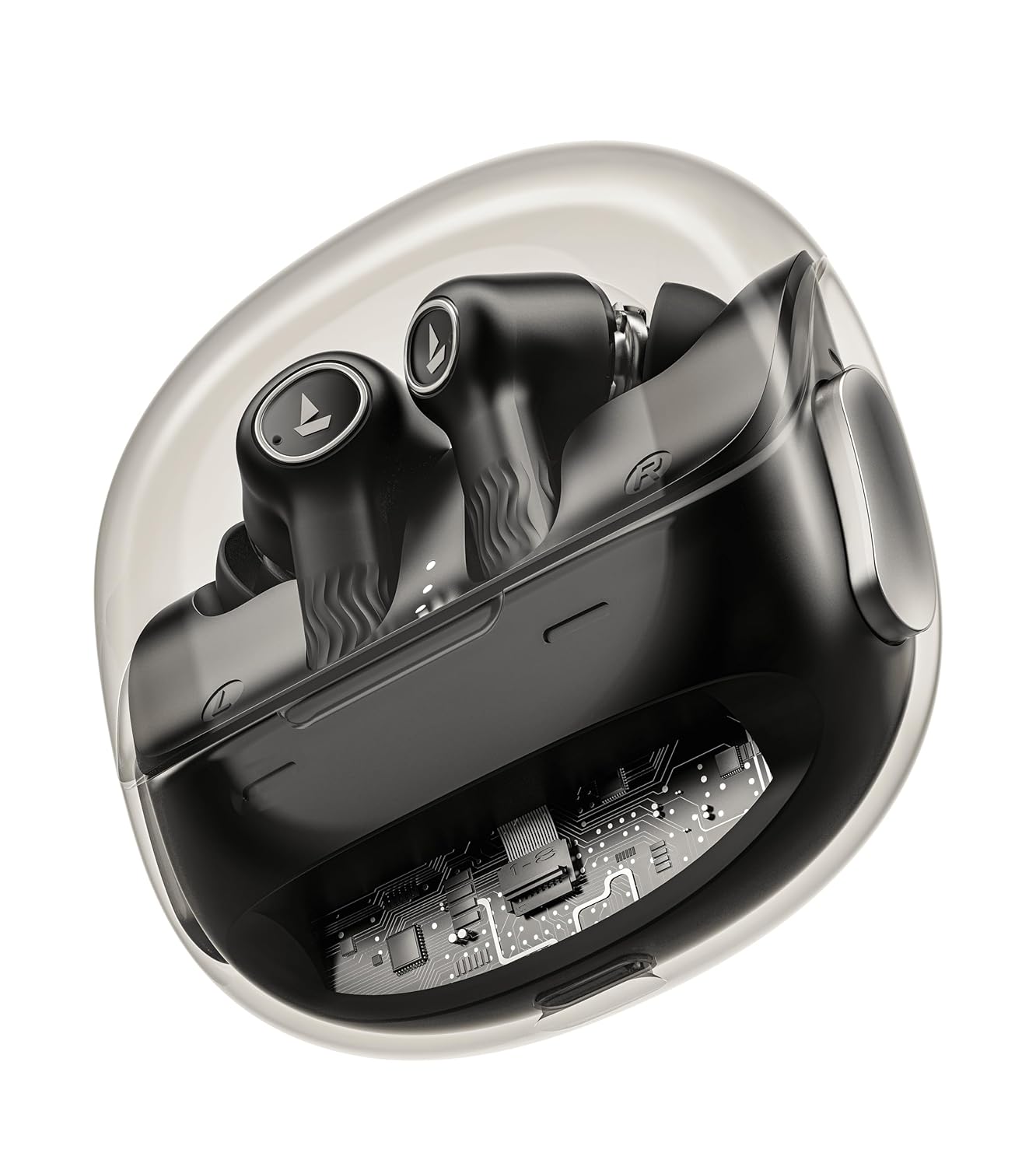 boAt Nirvana Crystl (2025 Launch), Transparent Case,Spatial Audio, ANC(~32dB), 100Hrs Battery,4Mics ENx,App Support, Bluetooth Earbuds, TWS Ear Buds Wireless Earphones with mic (Quantum Black)