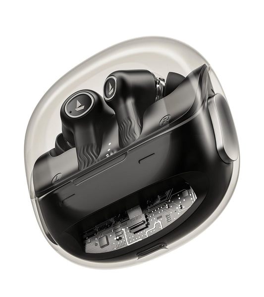 boAt Nirvana Crystl (2025 Launch), Transparent Case,Spatial Audio, ANC(~32dB), 100Hrs Battery,4Mics ENx,App Support, Bluetooth Earbuds, TWS Ear Buds Wireless Earphones with mic (Quantum Black)