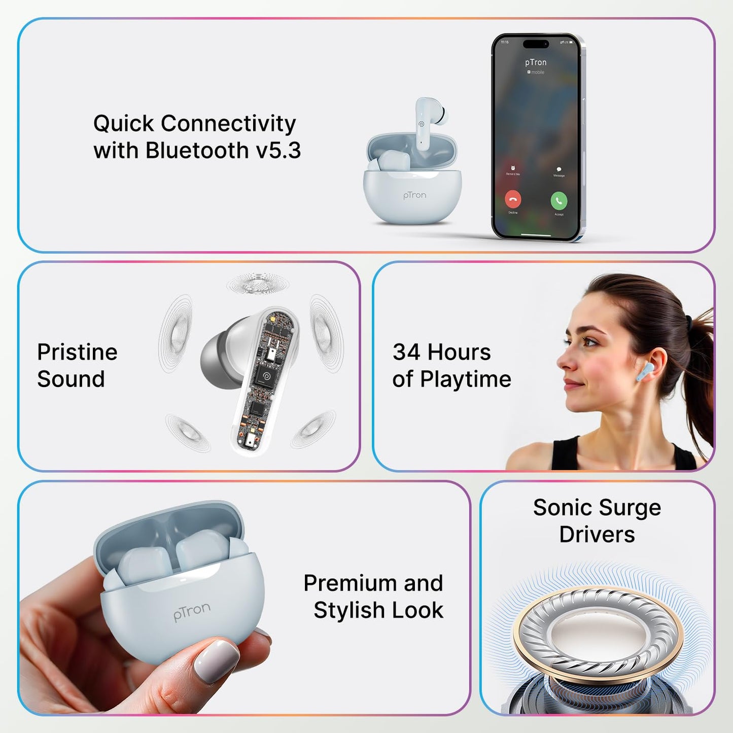 pTron Bassbuds Astra in-Ear TWS Earbuds with Stereo Sound, 34Hrs Playtime, Stereo Calls, Bluetooth V5.3 Headphones with Quick Pairing, Touch Control, Voice Assistant, Type C Charging & IPX4 (Grey)