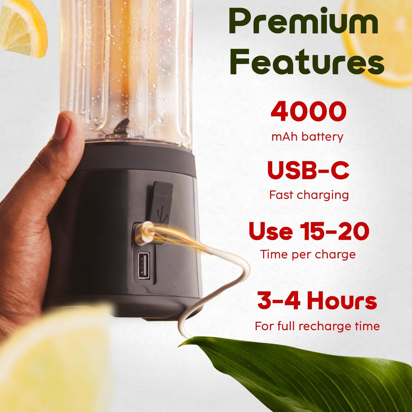 InstaCuppa Stainless Steel Portable Blender for Smoothies & Juices,Mixer Juicer that Crushes Ice,Electric Shaker USB Rechargeable Battery with 4000 mAh 230 Watts Motor,500 ML Juice Maker,Black