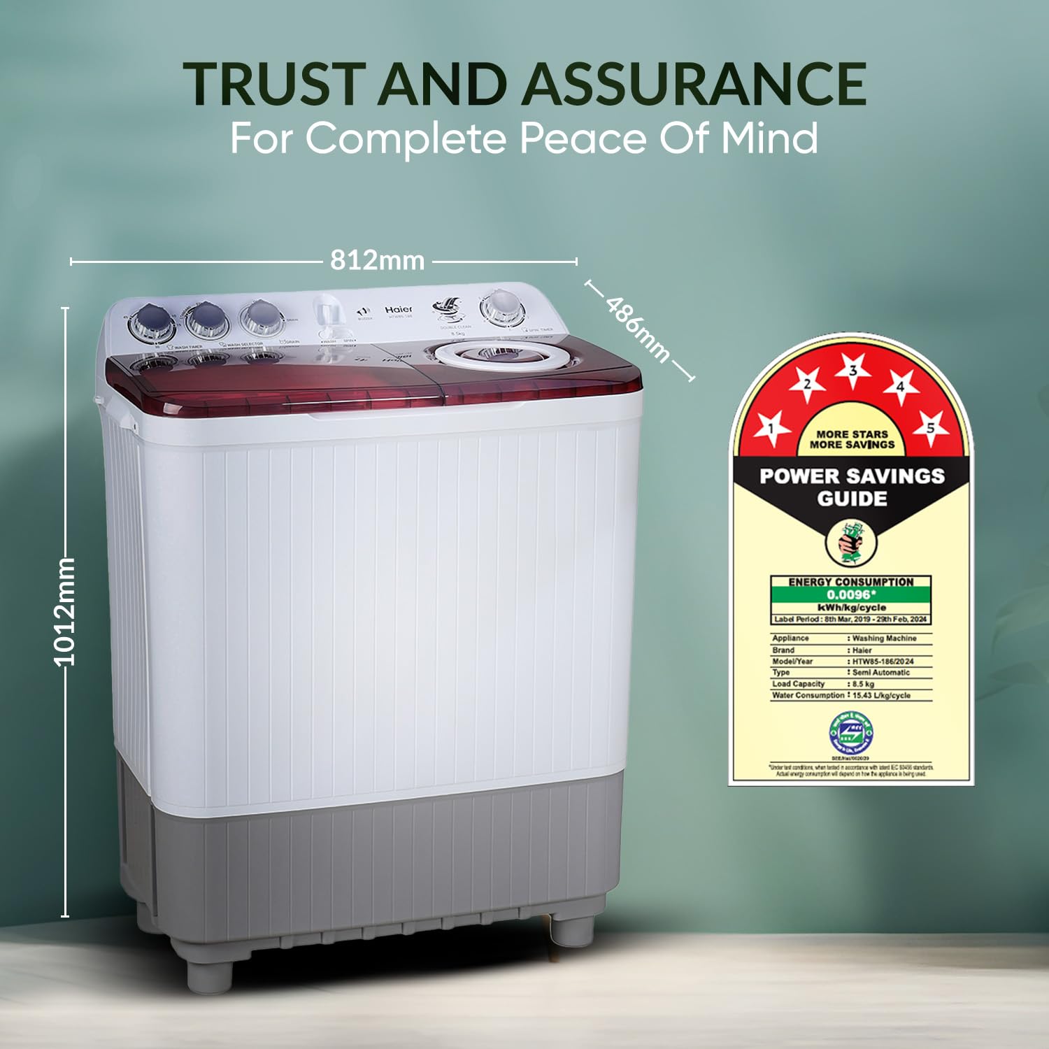 Haier 8.5 Kg 5 Star Oxyi Dry Technology Semi Automatic Top Loading Washing Machine (HTW85-186, Anti Bacterial Vortex Pulsator, Magic Filter, Rat Mesh, Maroon, White)