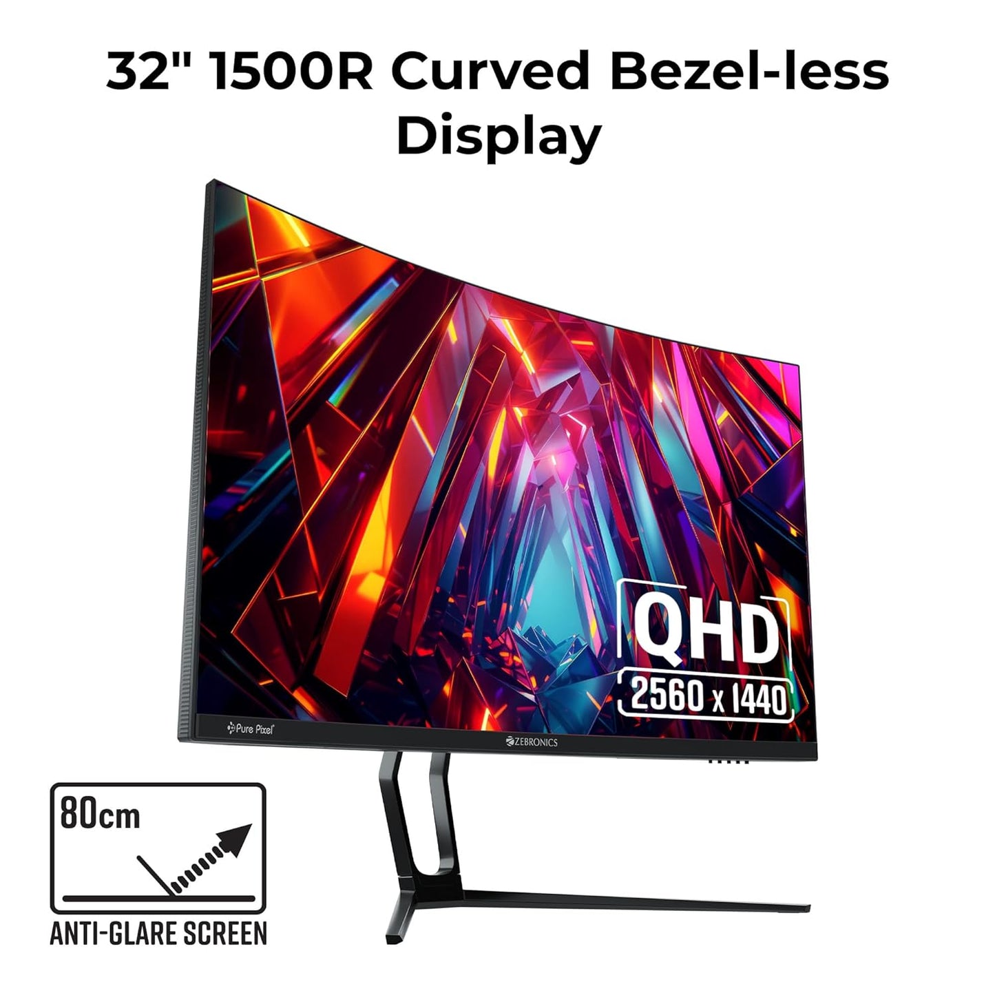 ZEBRONICS N32A 32"(80 cm) 1500R Curved Gaming Monitor, QHD 2560x1440, Antiglare, 300Nits, 180Hz, 1ms MPRT, HDR10, 99% sRGB | 92% DCI-P3, Adaptive Sync, 2 x DP | 2 x HDMI | 1 x 3.5mm