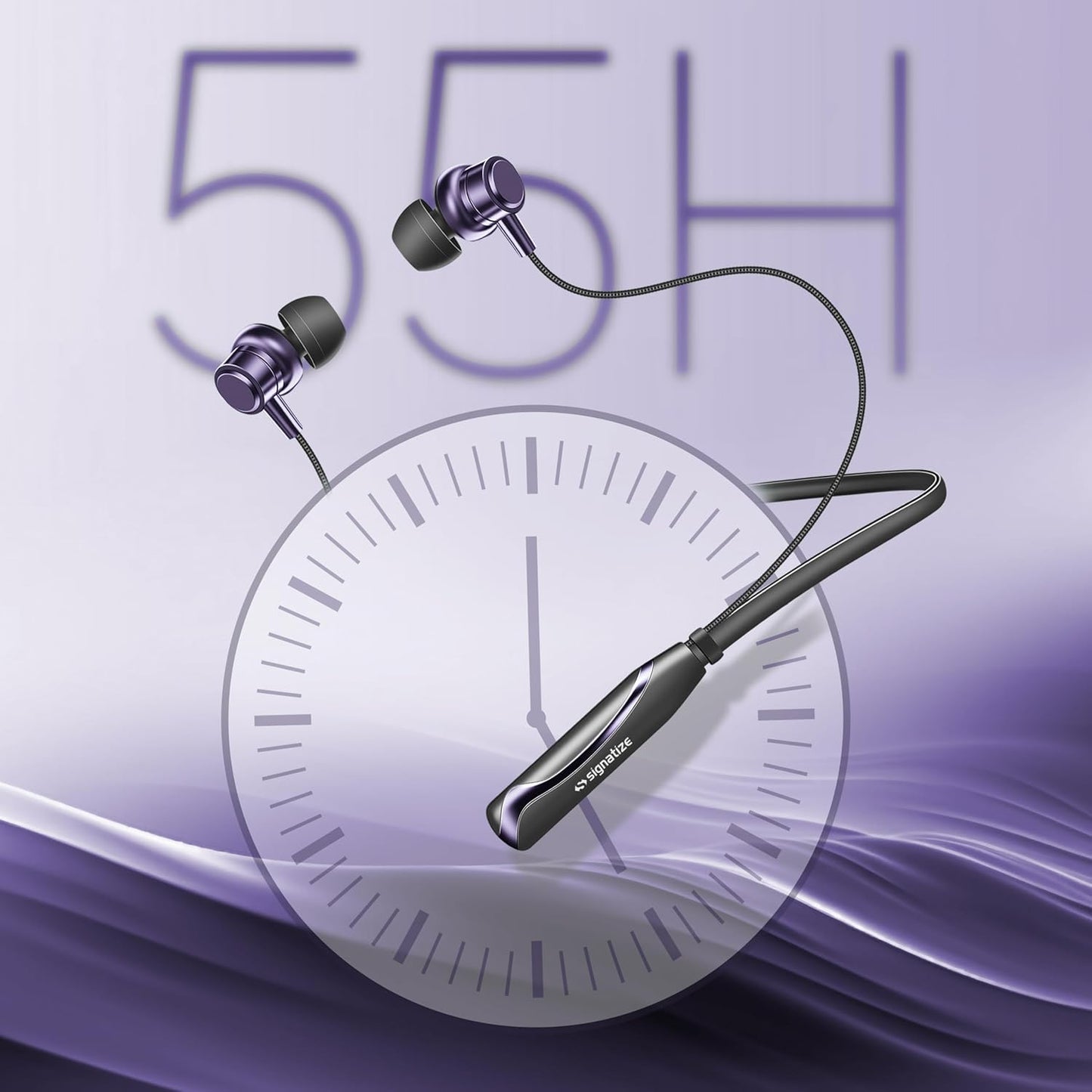 SIGNATIZE Neckband Bluetooth Headphones with 55 Hours Playtime with 10mm Drivers, Rich Music Experience, BT 5.3v, Type C Fast Charging, Neckband Earphones & IPX4 Water Resistant (Purple)