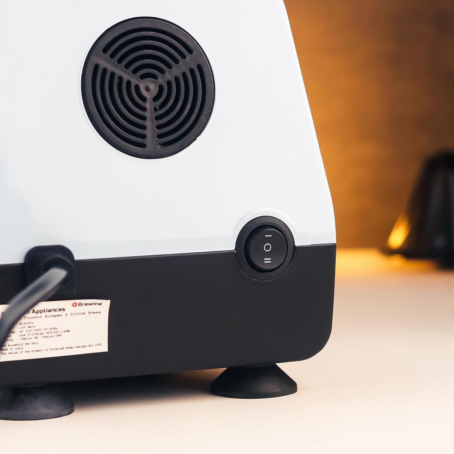 Brewine 2-in-1 Coconut Scraper & Citrus Juicer with Dual Speed Settings, Cooling Fan for Ventilation, Stainless Steel Scraping Blade, Splash Guard, Super Suction Feet for Stability, Blue, 200 Watts