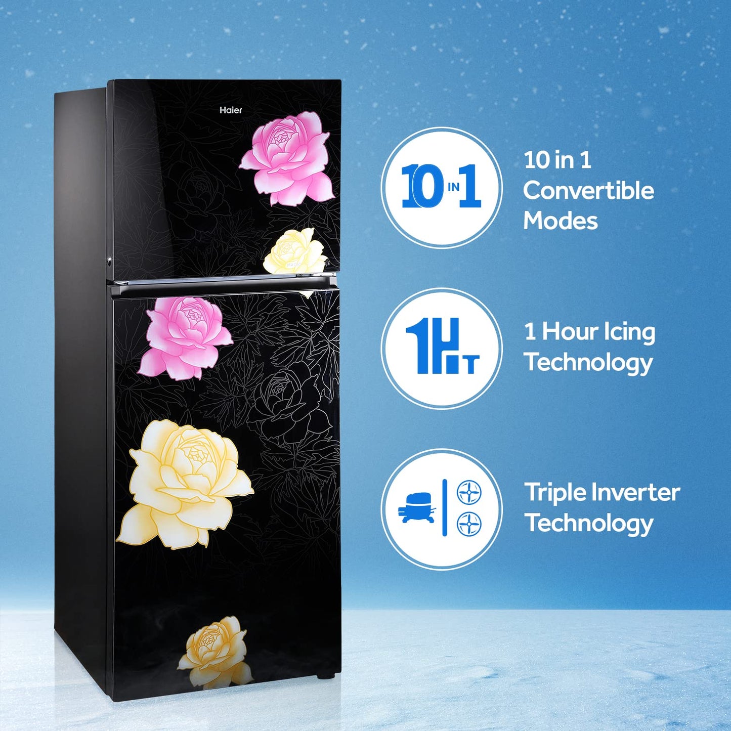 Haier 345 L 3 Star Double Door Frost Free Refrigerator Appliance, Triple Inverter & Dual Fan Technology (HRF-3654PBG-E, Bloom Glass,Glass Door, Convertible, 2022 Model)