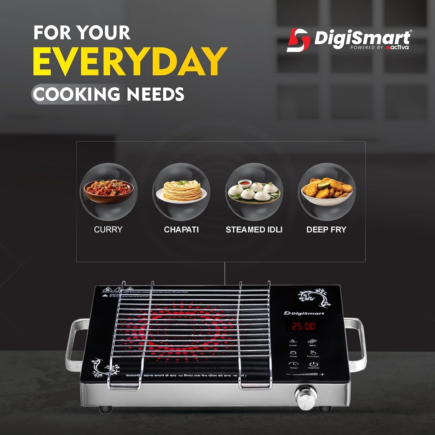 DIGISMART Emerald Induction 2500 Watts Stove with Grill Rack, Auto-Off Safety, 3 Cooking Modes, Works with All Cookware, Infrared Crystal Glass Top, Digital Soft Touch Controls, 1 Year Warranty-Black