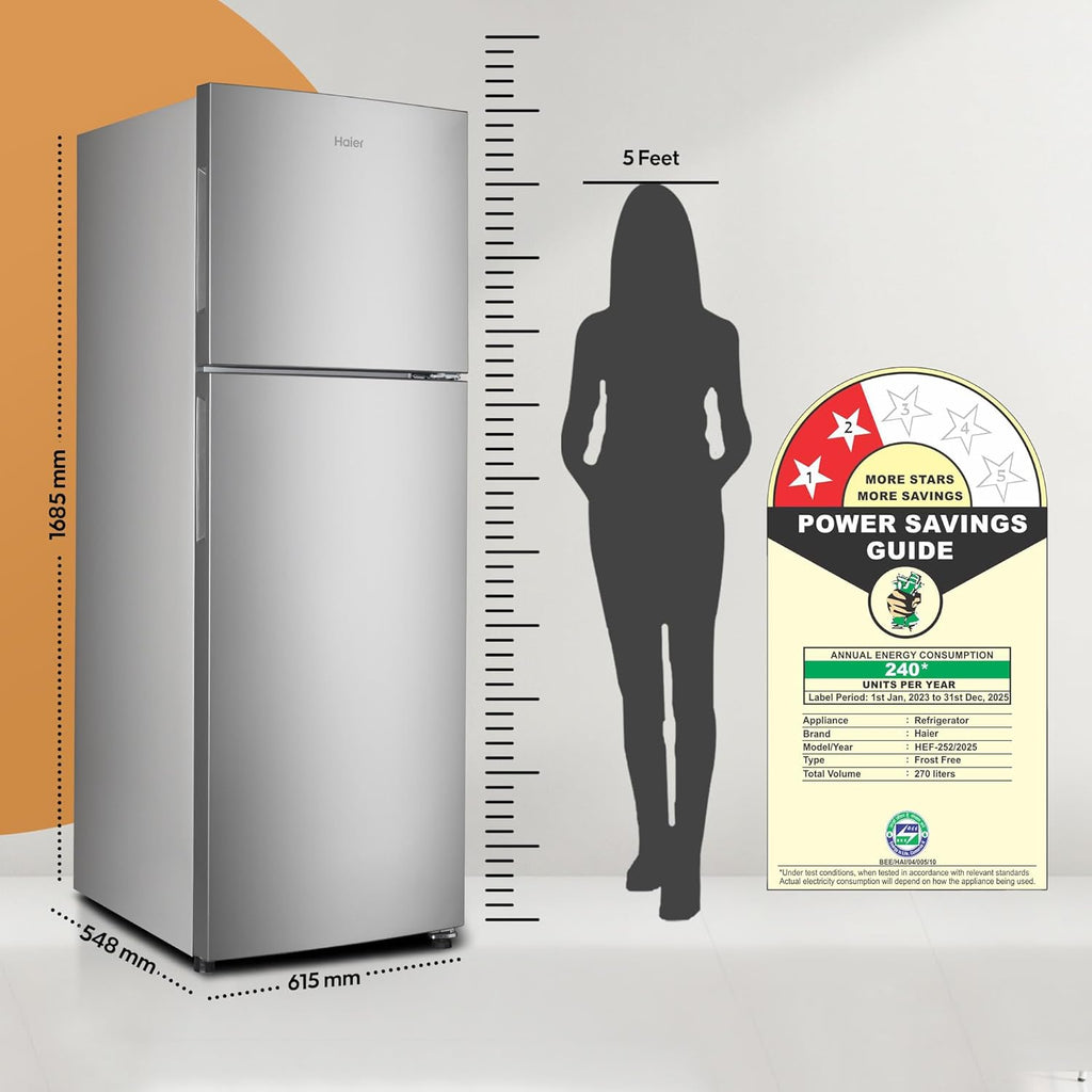 Haier 240L 2 Star Frost Free Top Mount Double Door Refrigerator|Cool Pad|200% Faster Ice Making in 49 Minutes (HEF-252EGS-P, Moon Silver)