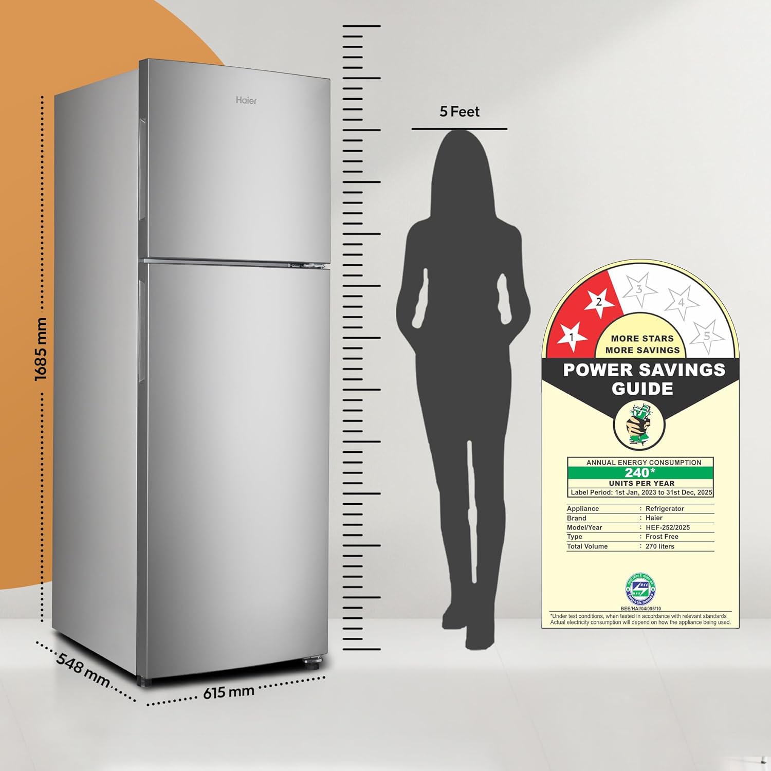 Haier 240L 2 Star Frost Free Top Mount Double Door Refrigerator|Cool Pad|200% Faster Ice Making in 49 Minutes (HEF-252EGS-P, Moon Silver)