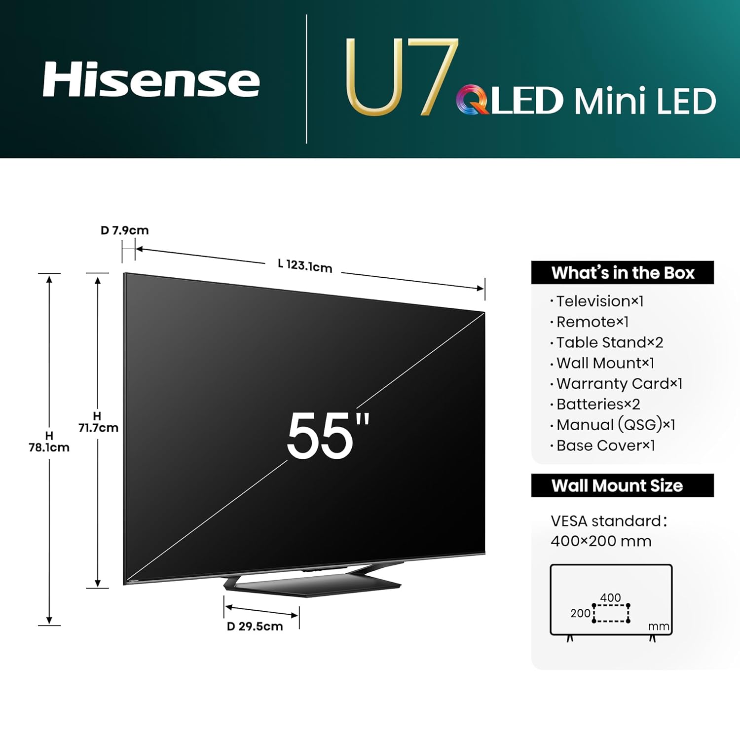 Hisense 139 cm (55 inches) U7N Series 4K Ultra HD Smart QLED Mini LED TV 55U7N (Black)