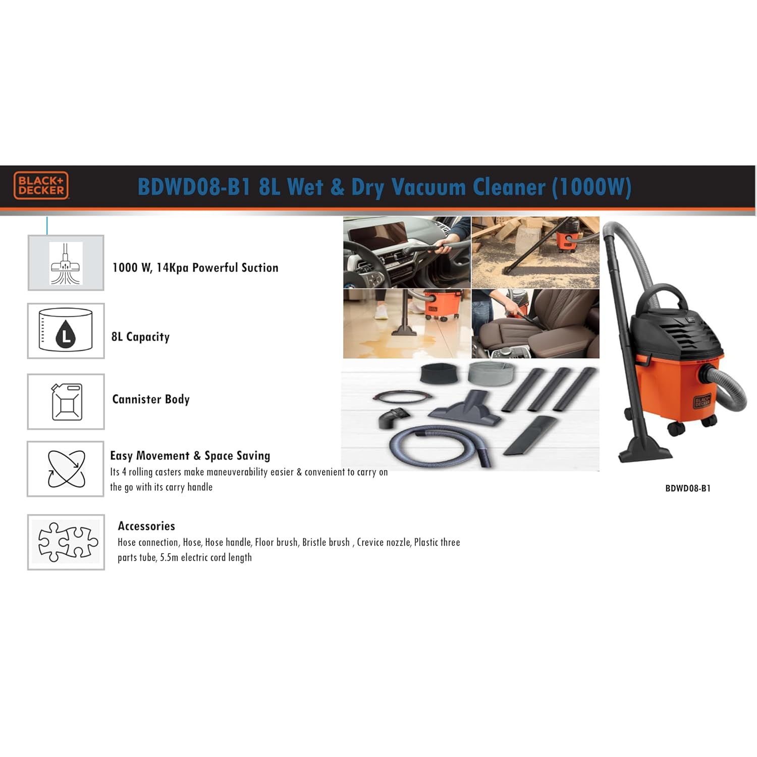 BLACK+DECKER BDWD08-B1 Wet and Dry Vacuum Cleaner with Cannister Body, 1000 W, Powerful Suction, 8L Capacity, 220V Vacuum Cleaner for Home Use, 1 Year Manufacturer Warranty(Red/Black)