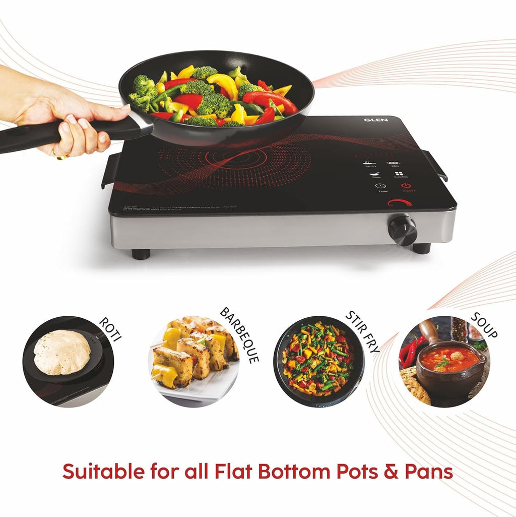 Glen 2000W Infrared Cooktop Stove with Grill Rack for Barbecue, Crystal Glass Plate, Digital Display, 3 Preset Cooking Modes, Touch Control, Infrared Hot Plate (SA3074_Infra)
