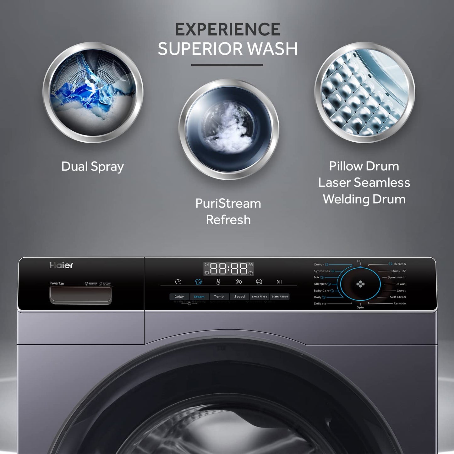 Haier 7 Kg 5 Star Inverter Direct Motion Motor Fully Automatic Front Load Washing Machine (HW70-IM12929S6, 525 Super Drum, Puri Steam, Starry Silver)