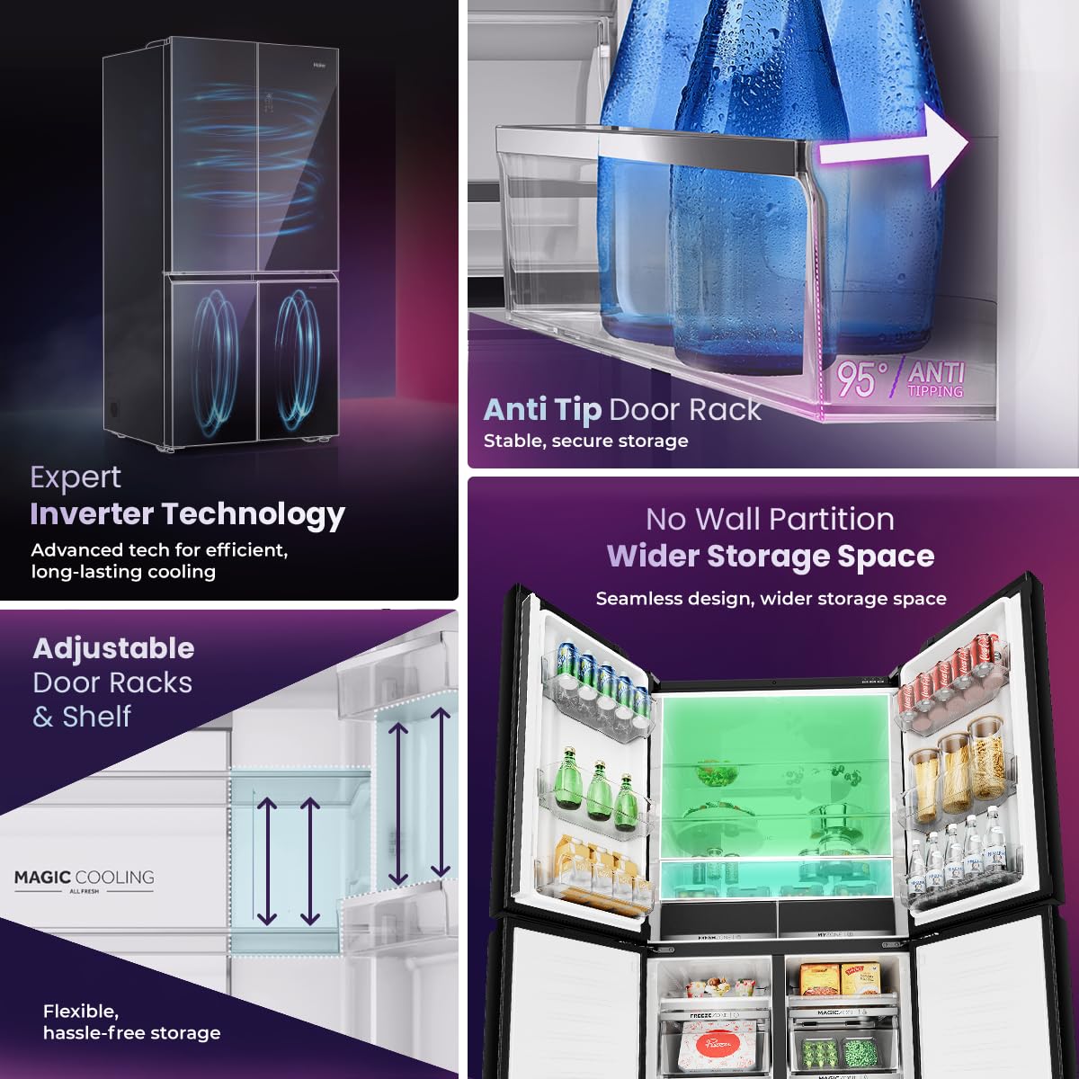 Haier 520L 3 Star Lumiere 4-Door Side by Side Frost Free Refrigerator | Convertible Magic Zone | Inverter | Digital Display Panel | Deo Fresh Technology (2025 Model, HRB-600IS, Inox Steel)