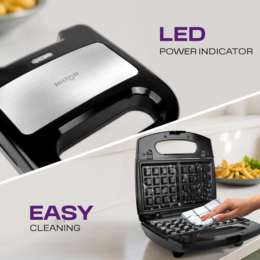 MILTON 850W Royal X 3 in 1 Electric Detachable Sandwich Maker, Bread Toaster, Panini Press Grill, Waffle Set with Removable Non-Stick Plates, Power Indicators | 1 Year Warranty, Black