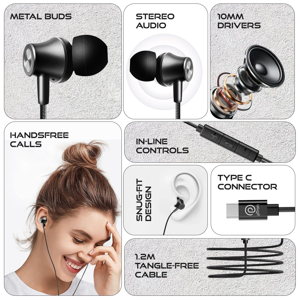 pTron Boom Play in Ear Type C Wired Headphones with Mic, 10Mm Drivers for Immersive Audio, 1.2M Fish Scale Style Tangle-Free Cable, in-Line Controls, Metal Buds, Snug-Fit & Wide Compatibility (Black)