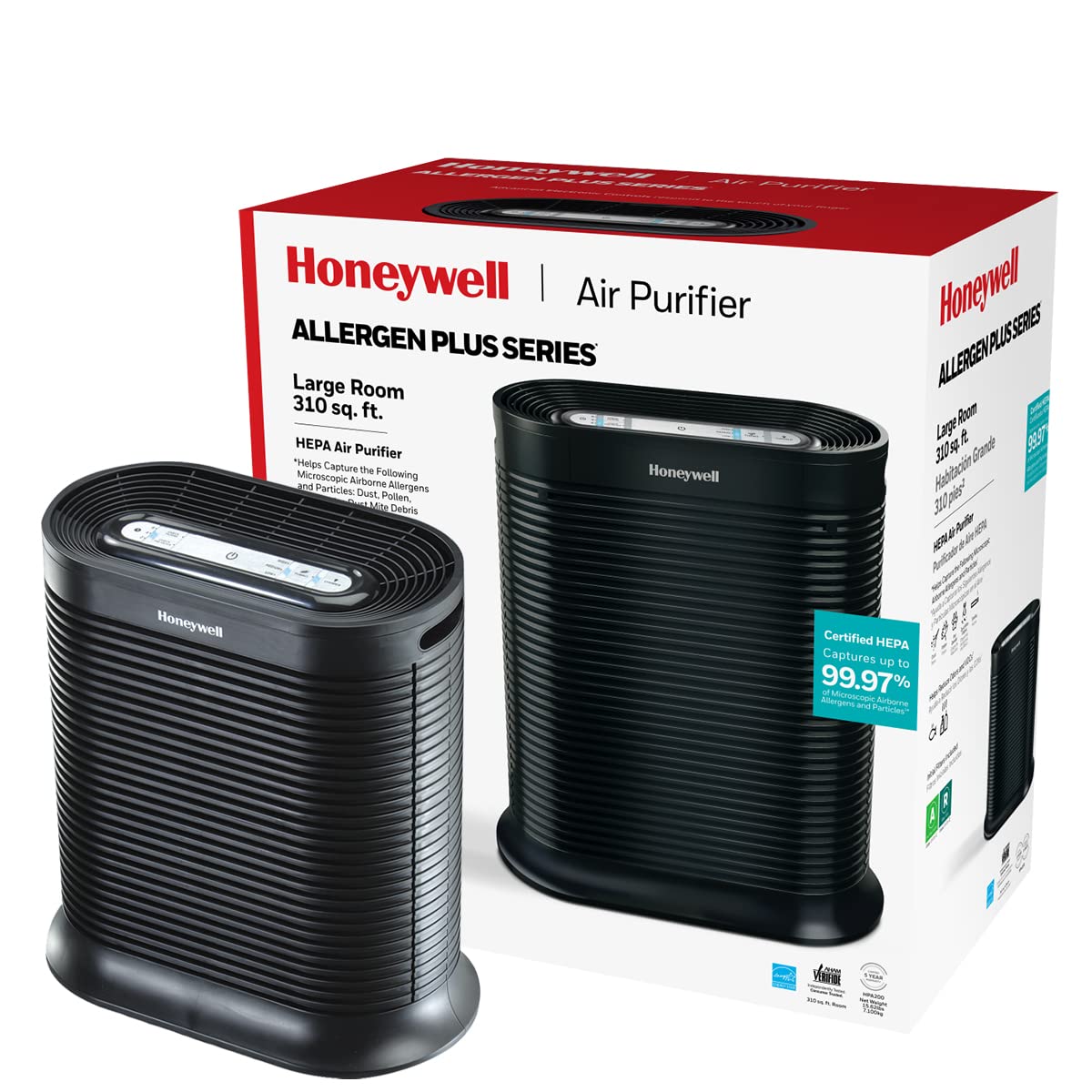 Honeywell Air Purifier for Home & Office, 3-in-1 filter - Pre-Filter, H13, Activated Carbon Filter, Removes 99.99% Pollutants, Allergens, Pet Danger, Smoke, Dust & Pollens - Air touch V1