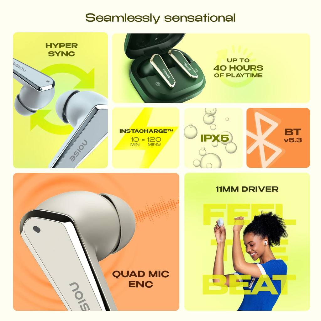 Noise Earbuds N1 Truly Wireless Earbuds with Chrome Finish, 40H of Playtime, Quad Mic with ENC, Ultra Low Latency Gaming (Up to 40 Ms), Instacharge(10 Min=120 Min), Bluetooth V5.3(Forest Green)