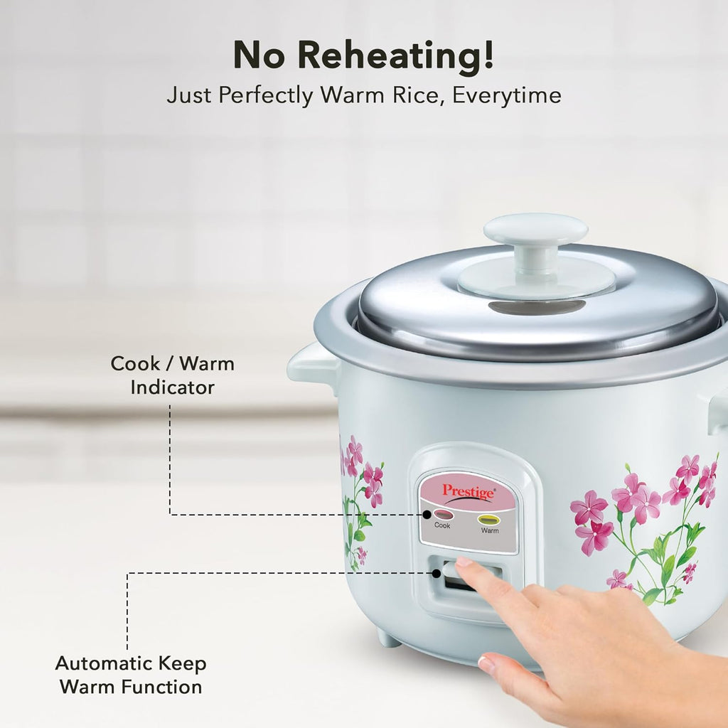 Prestige PRWO 0.6 L Electric Rice Cooker with 2 cooking pans|Detachable power cord|Durable body|Cool touch handles|White| Raw capacity-0.3L|Cooked capacity-0.6 L|Cooks for a family of 1 to 2 members