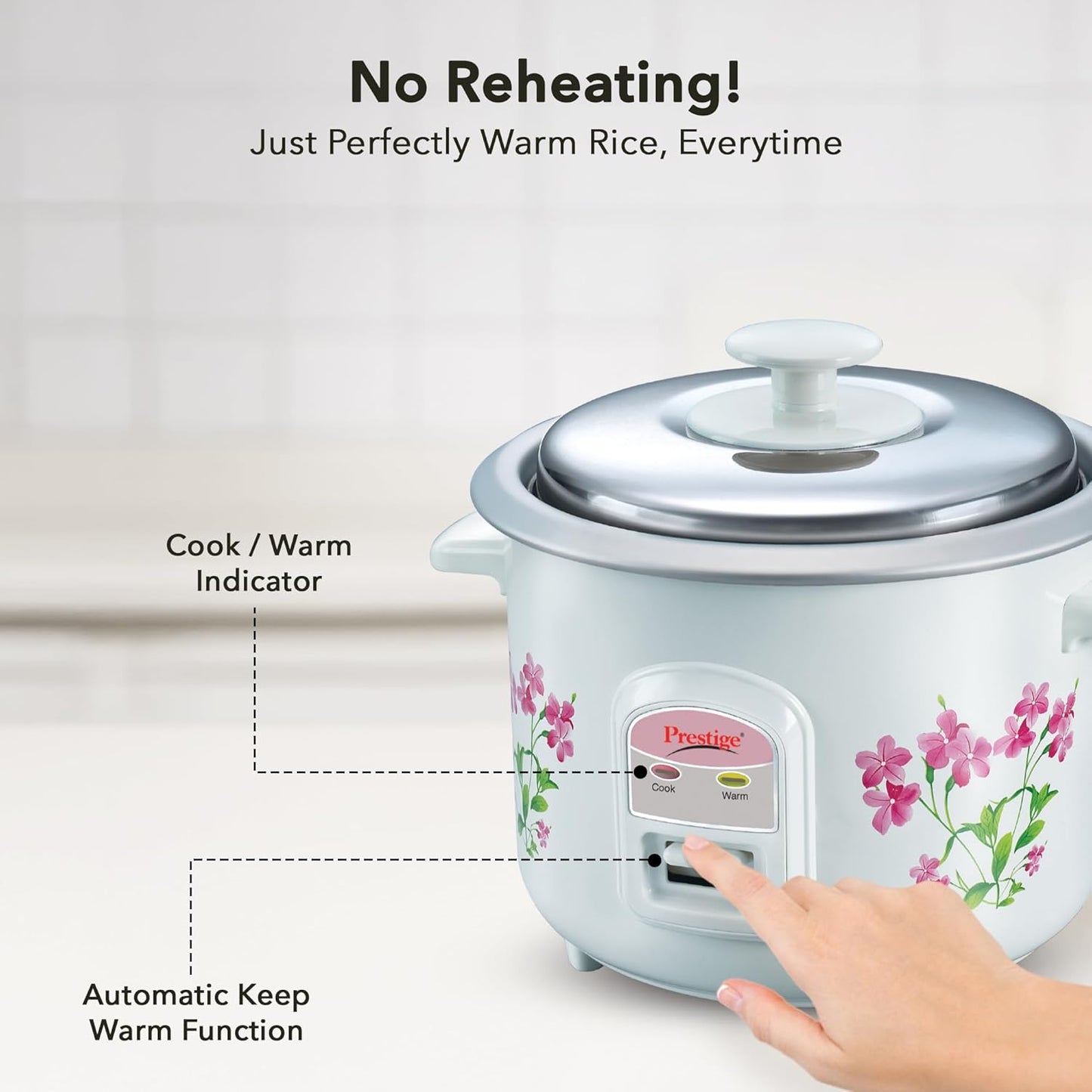 Prestige PRWO 0.6 L Electric Rice Cooker with 2 cooking pans|Detachable power cord|Durable body|Cool touch handles|White| Raw capacity-0.3L|Cooked capacity-0.6 L|Cooks for a family of 1 to 2 members