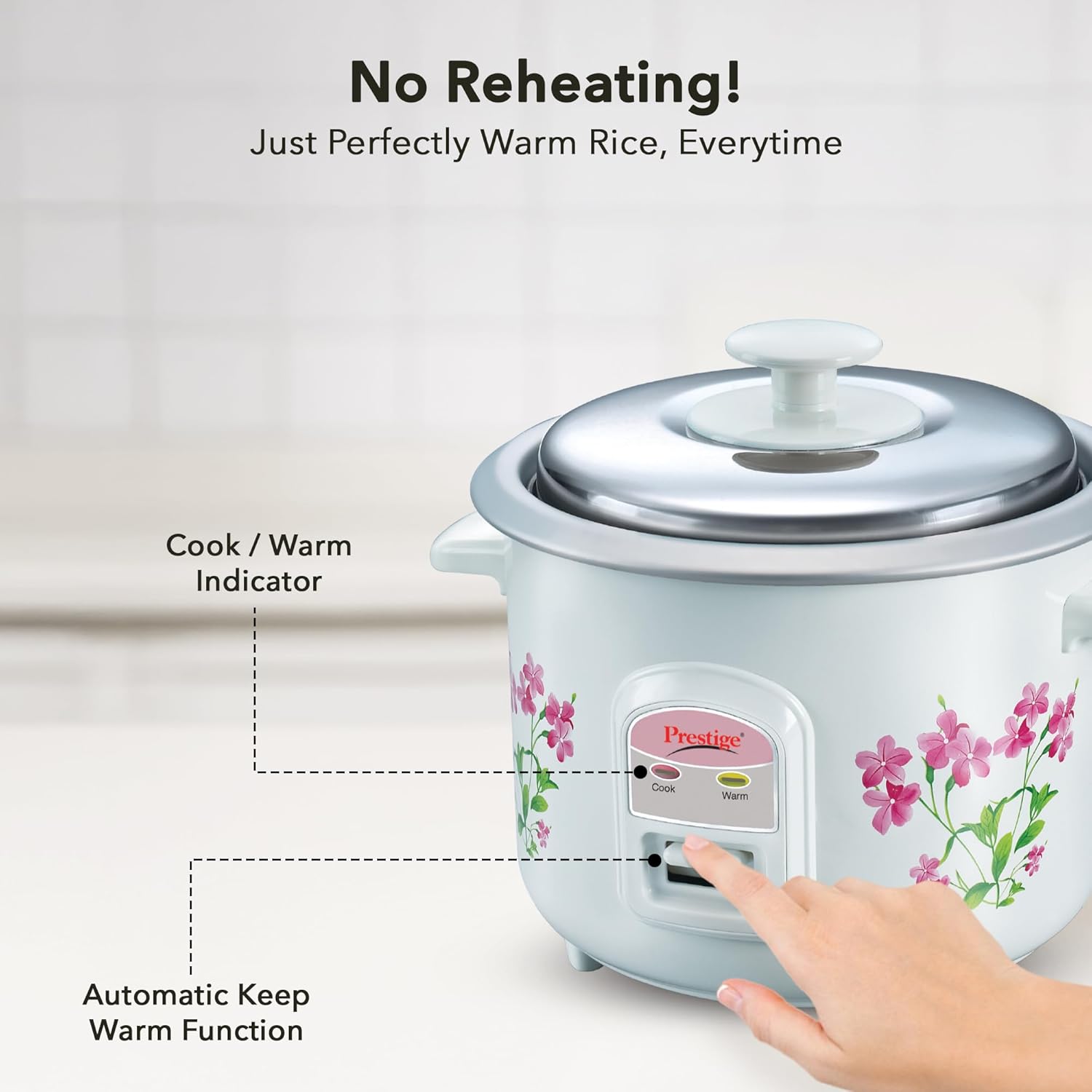 Prestige PRWO 0.6 L Electric Rice Cooker with 2 cooking pans|Detachable power cord|Durable body|Cool touch handles|White| Raw capacity-0.3L|Cooked capacity-0.6 L|Cooks for a family of 1 to 2 members