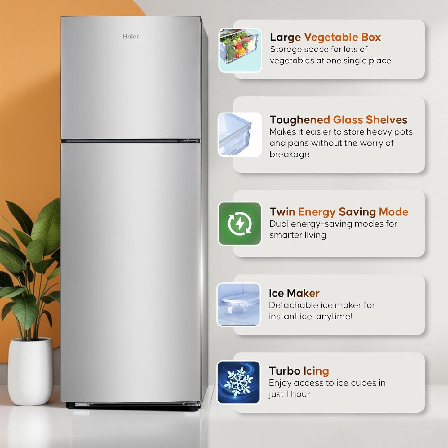 Haier 240L 2 Star Frost Free Top Mount Double Door Refrigerator|Cool Pad|200% Faster Ice Making in 49 Minutes (HEF-252EGS-P, Moon Silver)