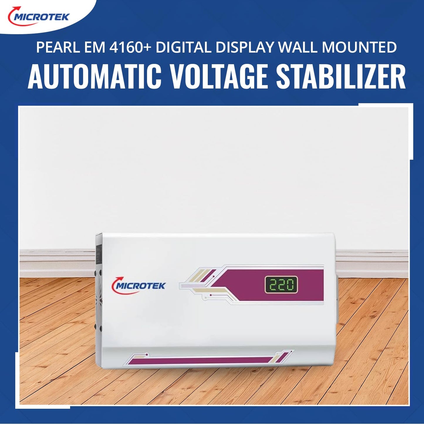 Microtek Pearl EM 4160+ Digital Display Wall Mounted Automatic Voltage Stabilizer Upto 1.5 Ton AC Air Conditioner Working Power 160V - 285±5V with 3 Year Warranty