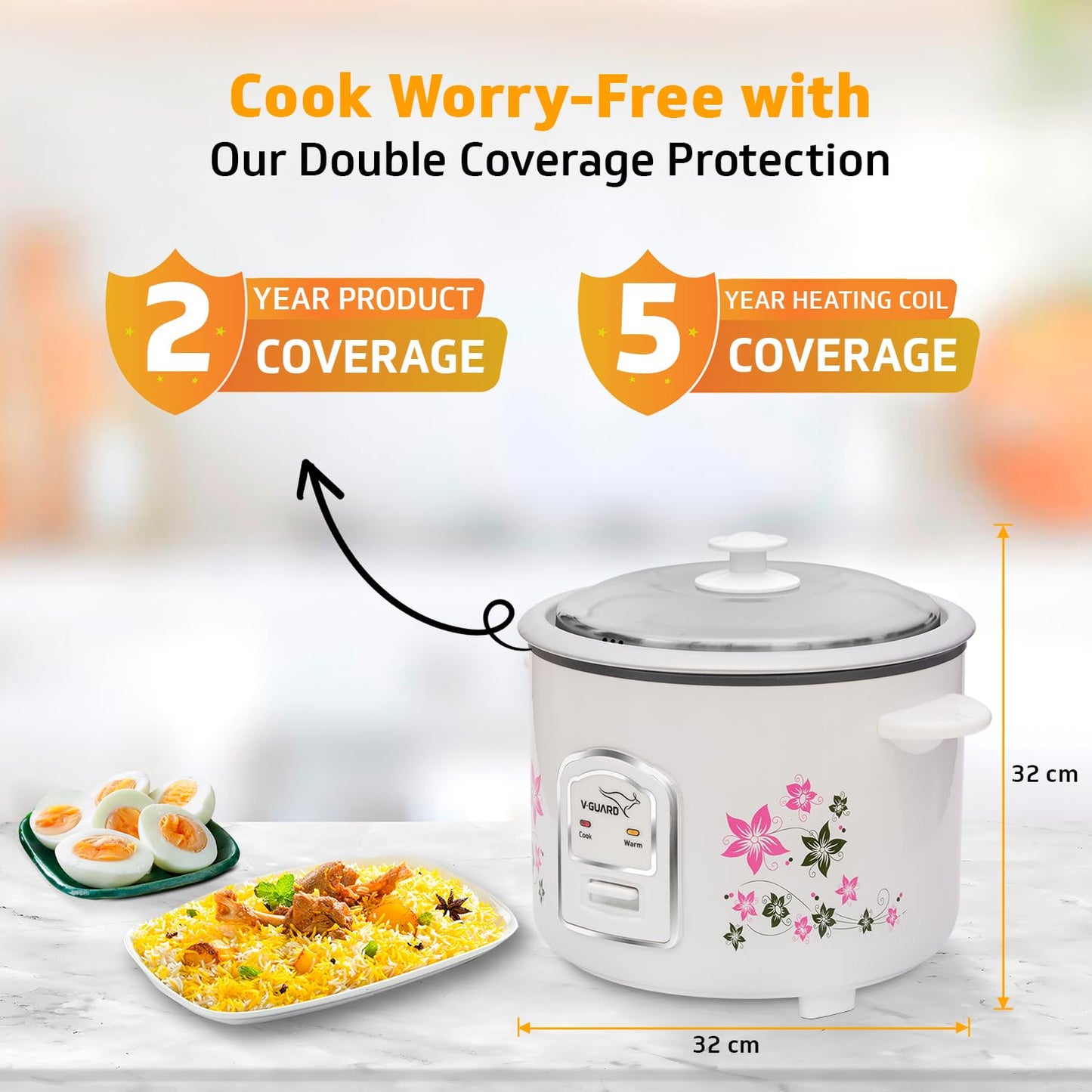 V-Guard VRC 1.8-Litre Electric Rice Cooker with 700 W Power, 2 Pots, Spatula, Rice Separator 5-Yr Heating Plate & 2-Yr Product Coverage Automatic Cooking with Double-Layered Body & Cool Touch Handles.