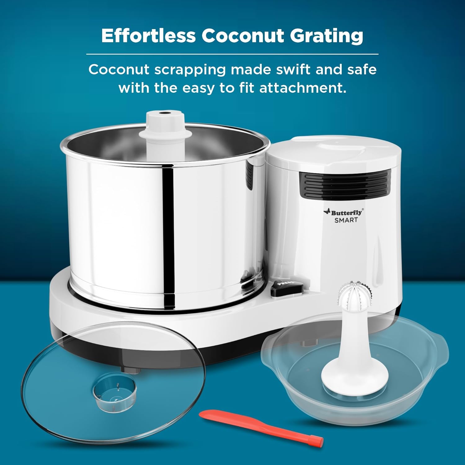 Butterfly Smart 2 Litres Table-Top Wet Grinder|150 Watts|Shockproof ABS Body| Coconut Scrapper Attachment|2 stones with 4-Way Grinding| Stainless Steel Drum | 2 Years Manufacturer's Warranty | White