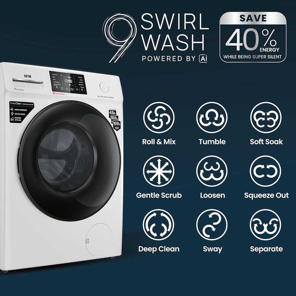 IFB 6 Kg 5 Star Powered by AI with 9 Swirl Wash, Fully Automatic Front Load Washing Machine (DIVA GXN 6010, Steam Refresh Program with Eco Inverter, Grey)