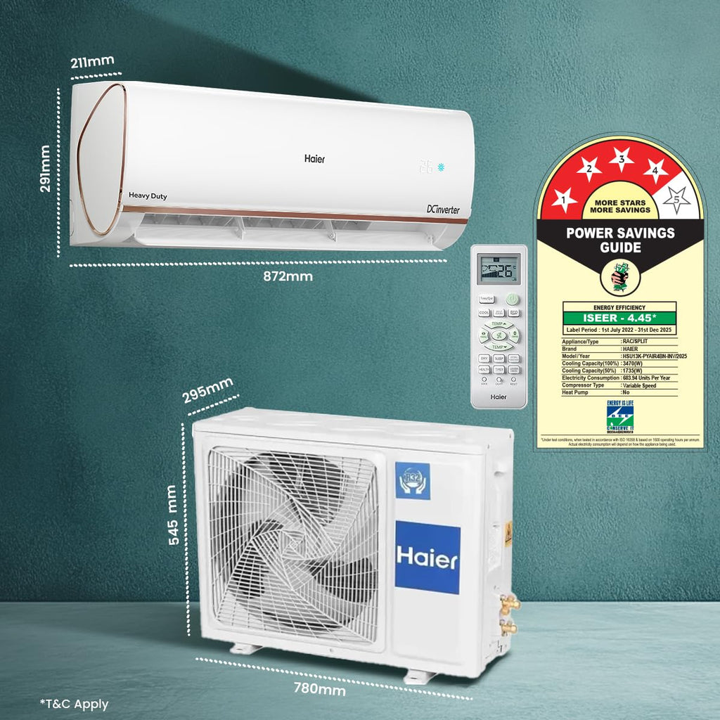 Haier 1 Ton 4 Star AI Climate Control Smart Split AC (3470W, Triple Inverter, Copper, Wi-Fi, 4-Way Swing, 7 in 1 Convertible, HD Filter, Cools at 60°C, 20 Mtrs Air Throw - HSU13K-PYAIR4BN-INV, White)