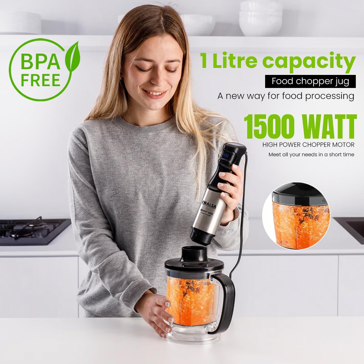 INALSA Hand Blender 1500 W|Silent DC Copper Motor|European Stepless Variable Speed Design| X.Large 1L Chopper|Unique Potato Masher| Detachable| Stainless Steel-Robot INOX 1500 StepUp