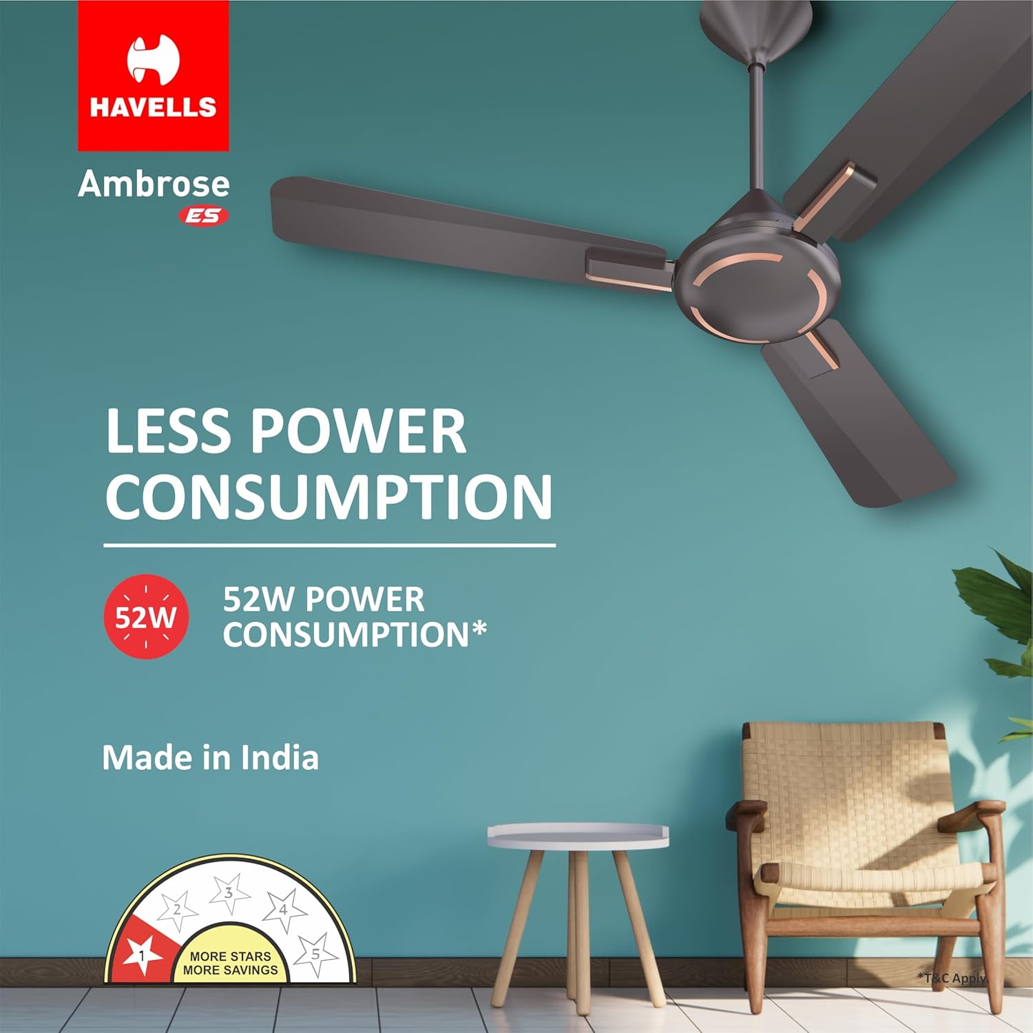 Havells 1200Mm Ambrose Es Ceiling Fan|Premium Matt Finish,Decorative Fan,Elegant Looks,High Air Delivery,Energy Saving,100% Pure Copper Motor|2 Year Warranty By Brand|3.8 stars,(Pack Of 1,Copper)