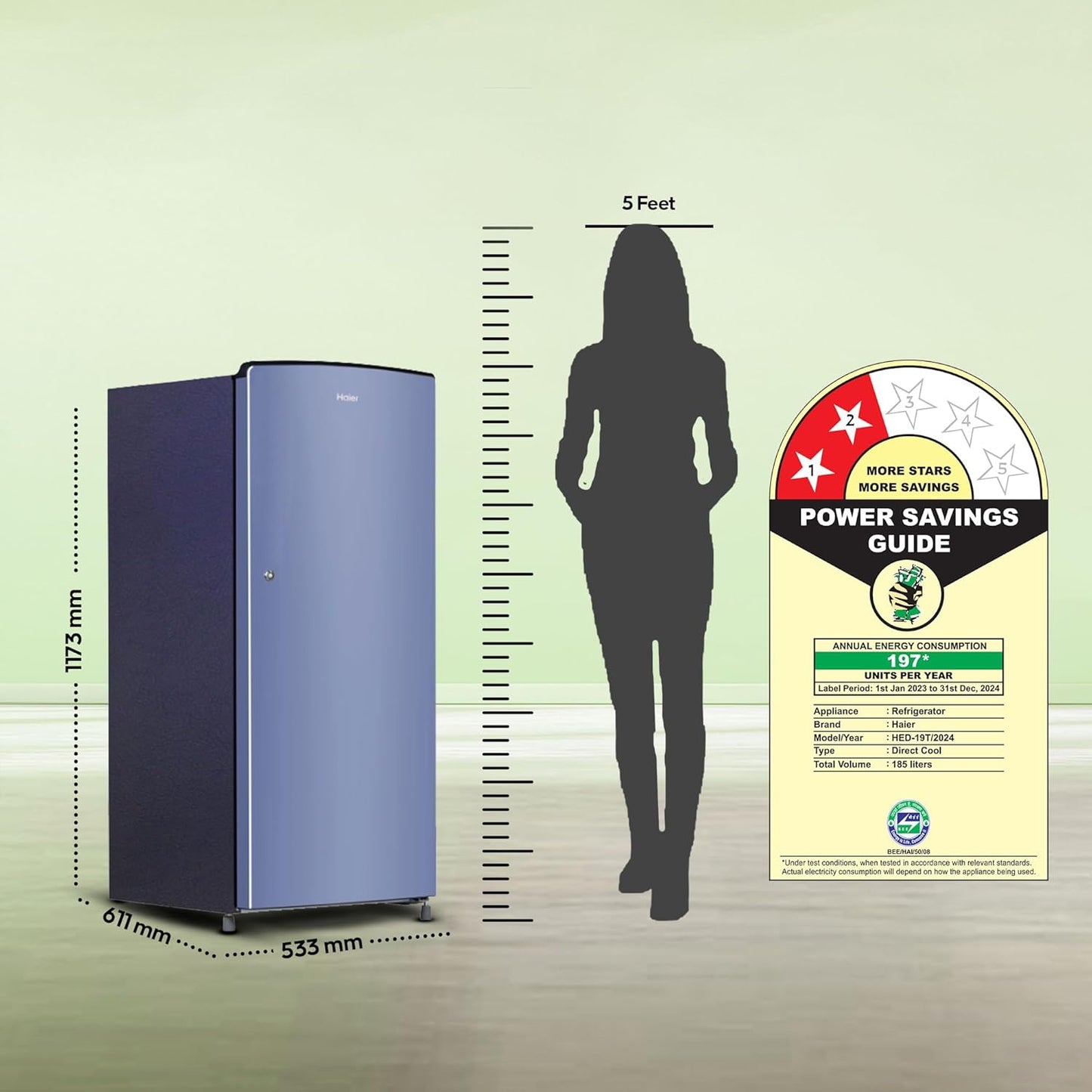 Haier 185 L, 2-Star Direct-Cool Single Door Refrigerator with DEFT Technology & Large Vegetable Box (HED-19TRB-N, Radish Blue)