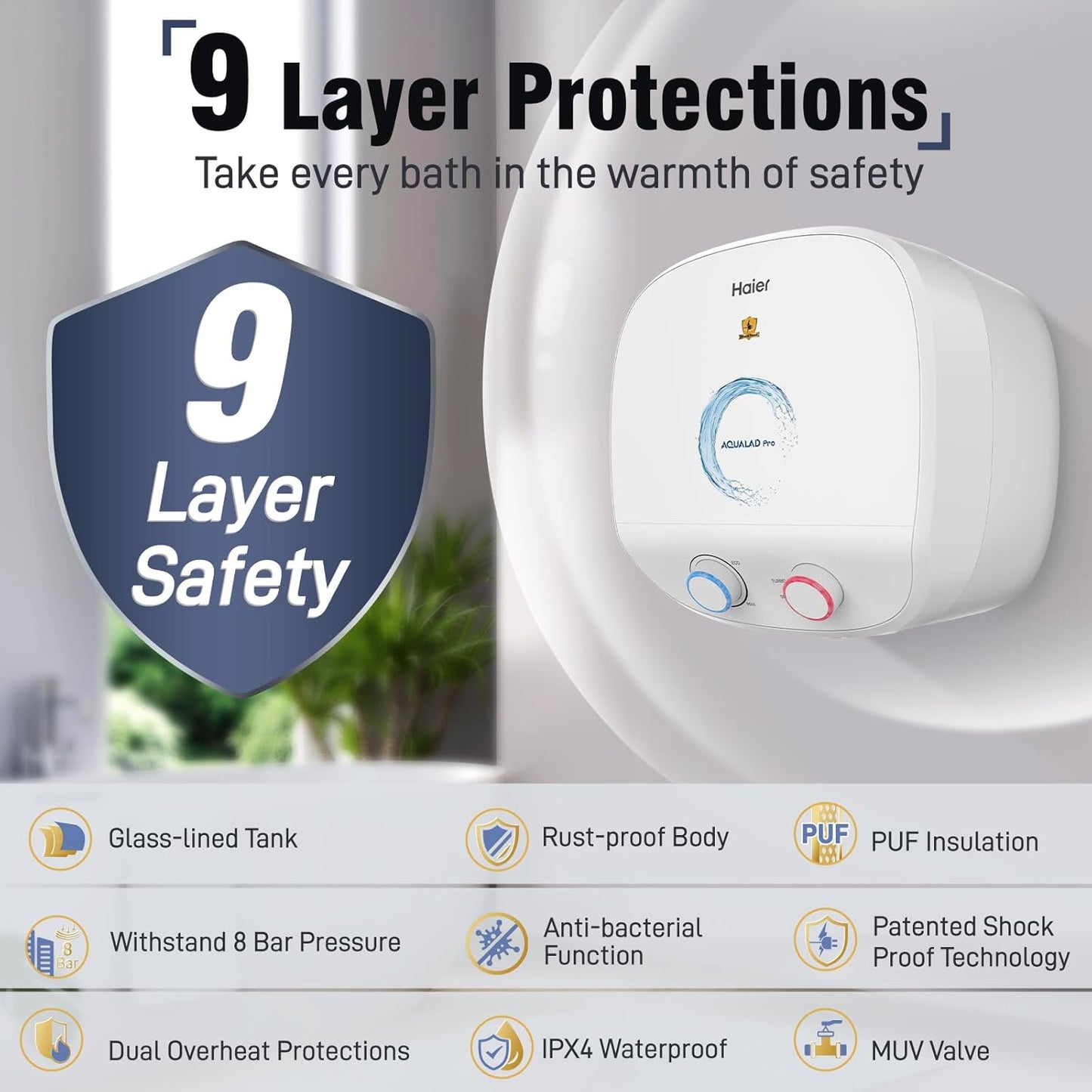 Haier Aqualad Pro Geyser 15 Litre 5 Star 1-3KW Adjustable Storage Water Geyser |Free Installation&Flexi Pipe| Warranty 10 Yr on Tank |Dual Control Knob |Shockproof Tech |Glassline Tank |9-Level Safety