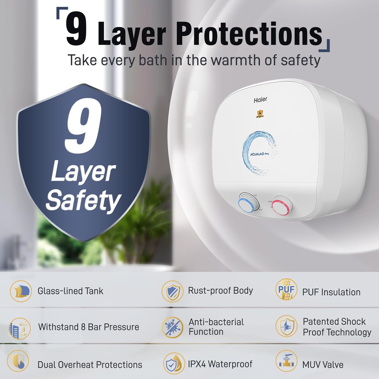 Haier Aqualad Pro Geyser 15 Litre 5 Star 1-3KW Adjustable Storage Water Geyser |Free Installation&Flexi Pipe| Warranty 10 Yr on Tank |Dual Control Knob |Shockproof Tech |Glassline Tank |9-Level Safety