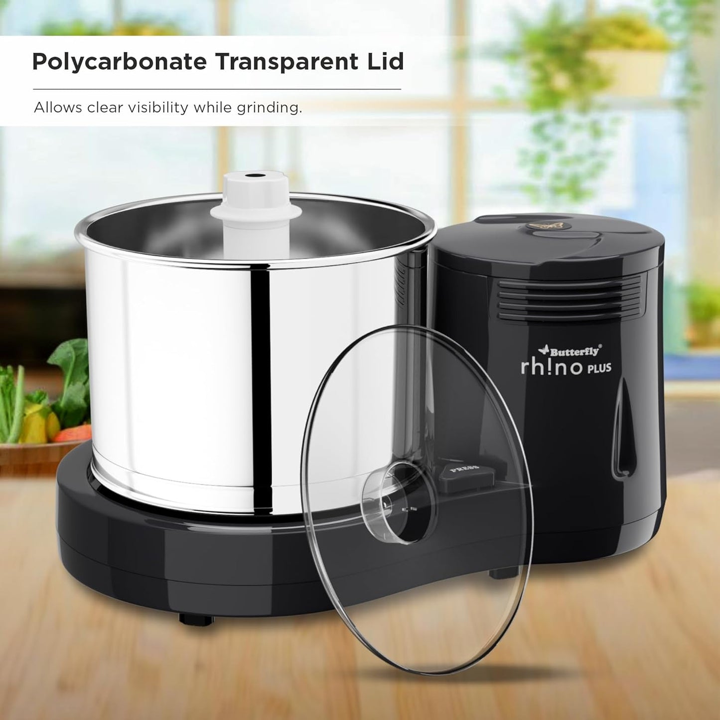 Butterfly Rhino Plus 2 Litres Table-Top Wet Grinder | 150 Watts | Shockproof ABS Body | Coconut Scrapper Attachment | Dough Kneader | Stainless Steel Drum | 2 Years Manufacturer's Warranty | Grey